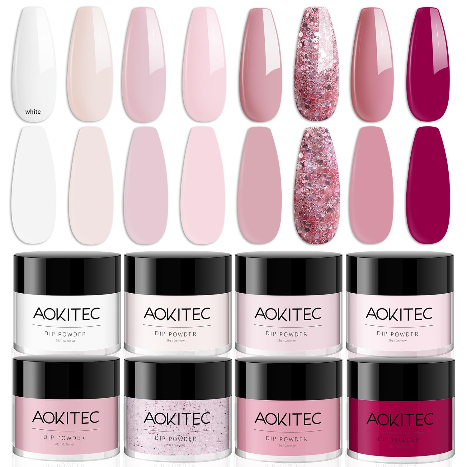 Aokitec Dip Powder Set, All Season 8 Colors Dipping Powder Nail Set Milky White Nude Sheer Pink Glitter Purple for French Nail Art Home Salon DIY Dip Manicure for Women Holiday Party Travel Nails