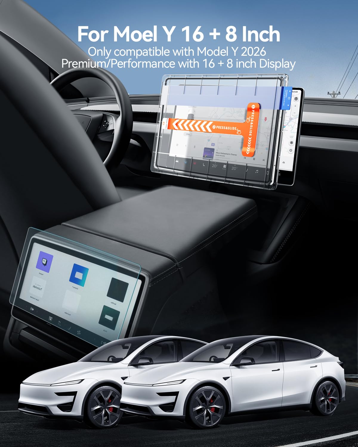 HD Série 2 Pièces 16" + 8" Film Protecteur pour Tesla Model Y 2026 Premium/Performance, Avant Et Arrière Écran 9H Verre Trempé Écran de Protection avec Kit d’Installation