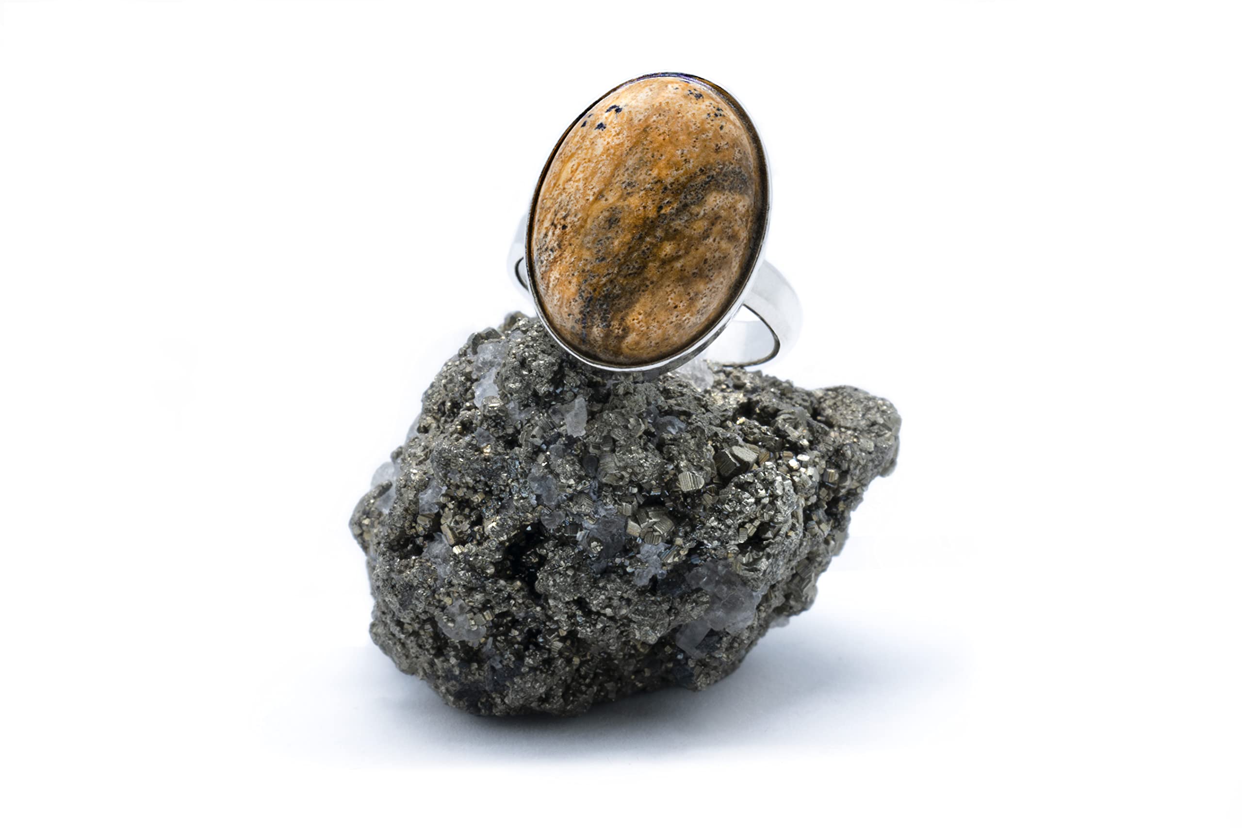 Anillo de Plata 925 con Jaspe Paisaje (Piedra Natural) 18x13mm - Disponible Anillo Ajustable y Fijo, Tamaño de XS a XXXL, para Hombre, para Mujer - Caja Regalo Gratis