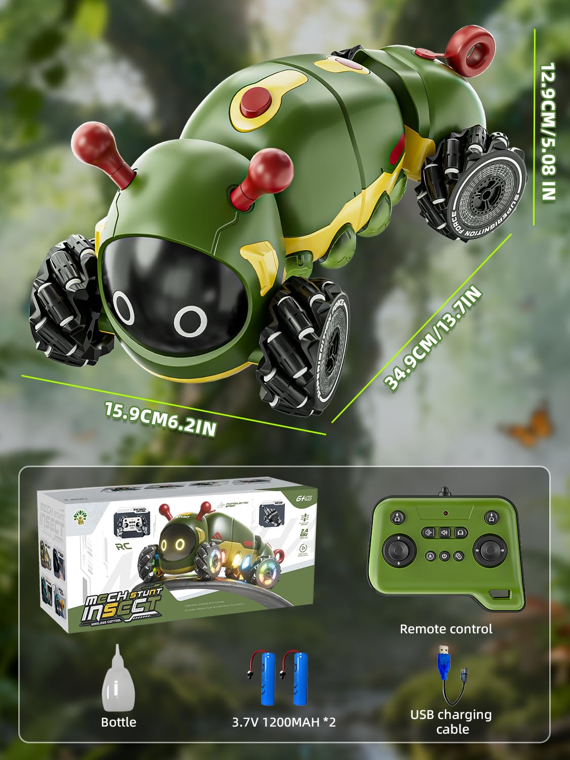 Kssvzz Samochód zdalnie sterowany Kssvzz, monster truck RC 2,4 GHz z muzyką/spryskiwaczem, samochody RC 4DW do akrobacji, interaktywne zabawki-owady, prezenty świąteczne dla dzieci w wieku 3–10 lat