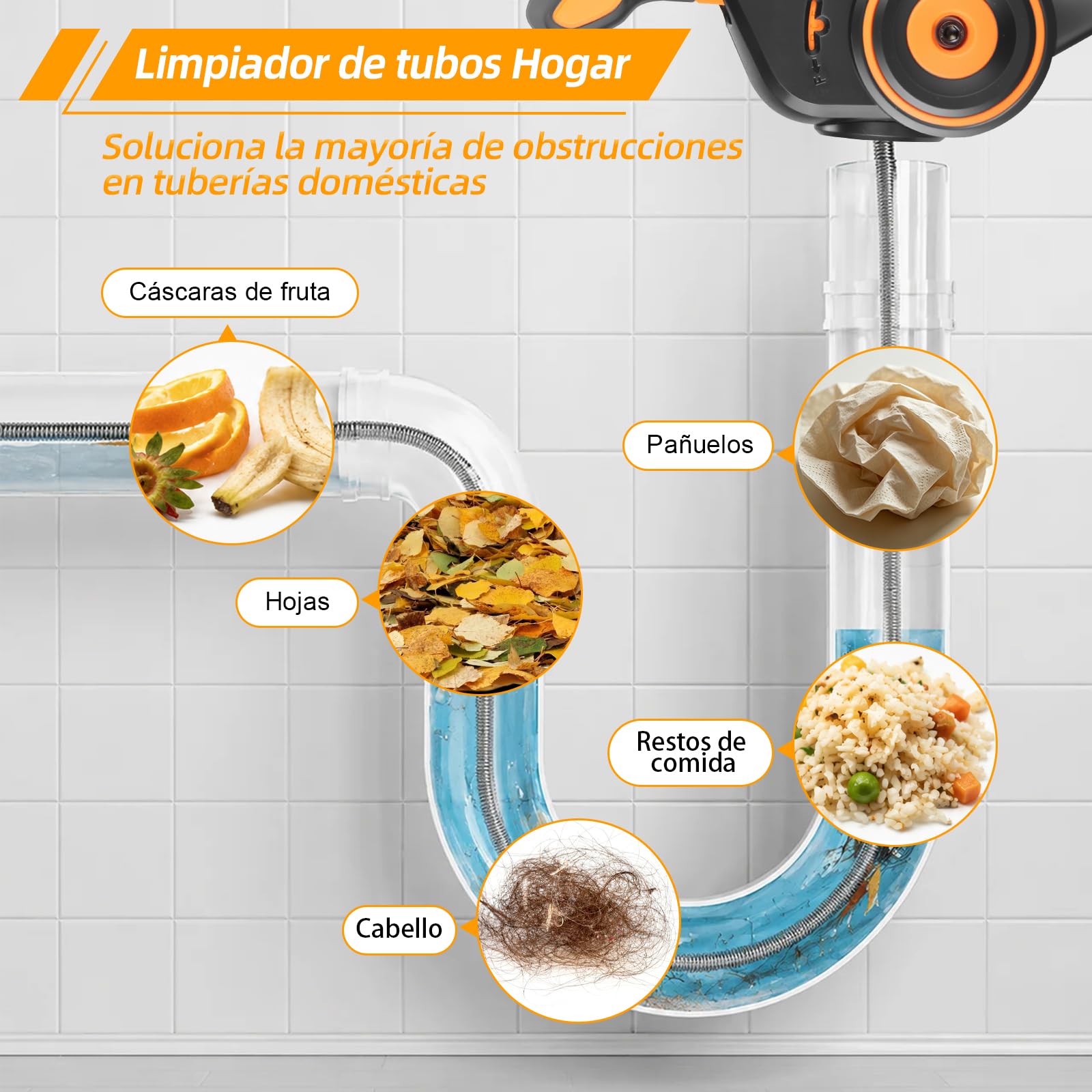 Espiral de limpieza de tuberías eléctrica para Makita 18V batería | limpiador de desagües en espiral con espiral de limpieza de 7,6m, para tuberías de desagüe 19-51mm, WC, baño, sin batería