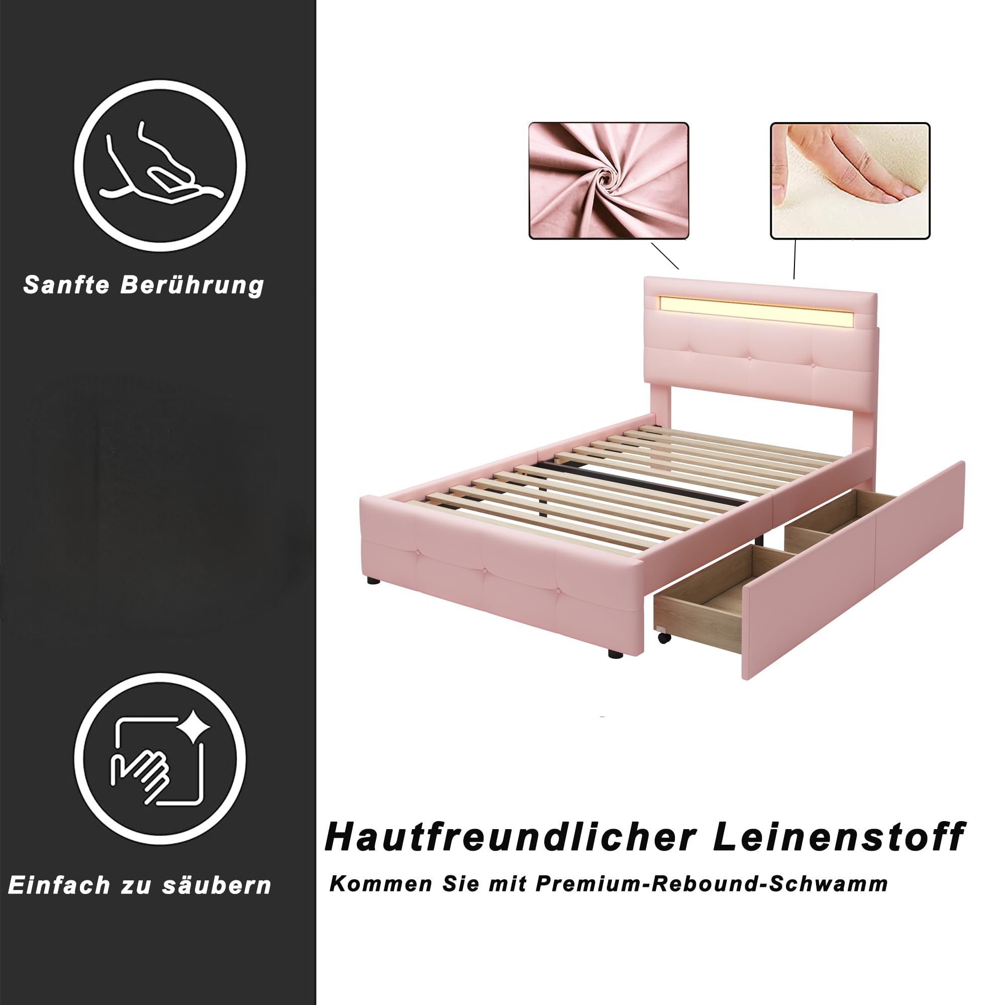 letto imbottito 90x200 cm Rosa con testiera regolabile e due cassetti letto singolo con doghe struttura letto bassa per camera per adolescenti e stanza ospiti in casa