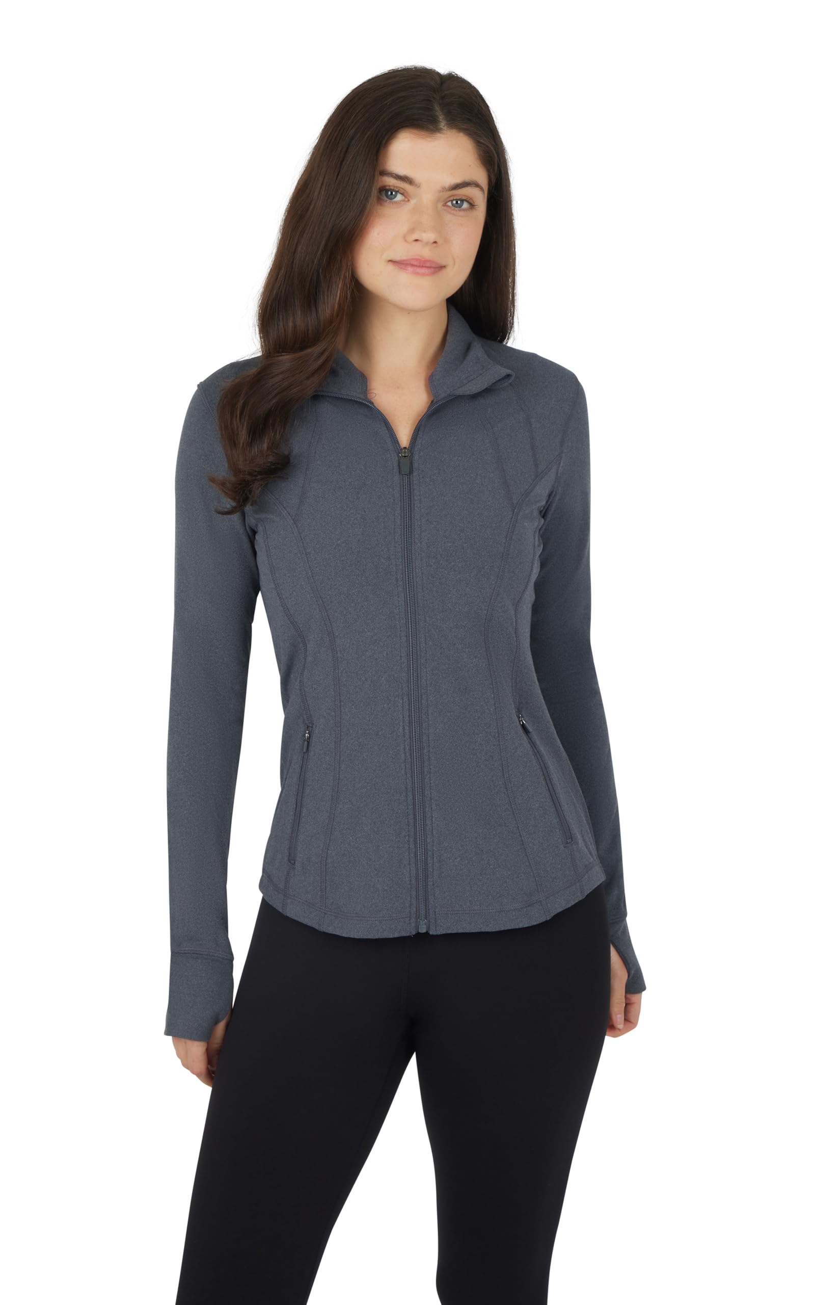 Yogalicious Women's Heather Charcoal Nude Tech Ultra Soft Lightweight Full Zip Yoga Jacket With Pockets, Xl