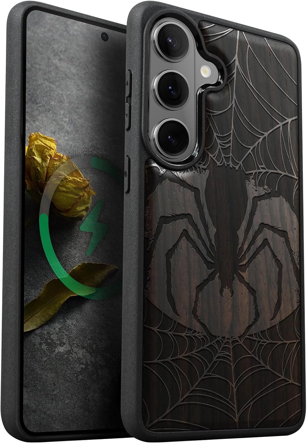 Carveit Magnetic Wooden Case for Galaxy S26+ Samsung S26 Plus Case, TPU Shockproof Cover & Wood Engraved, Compatible with MagSafe Wireless Chargers (Intricate Spider and Web Design) Blackwood