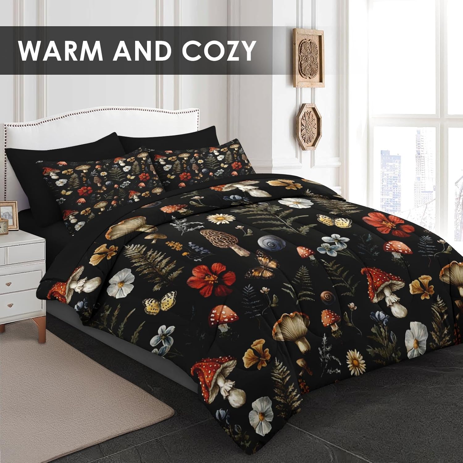 Pamnest Comforter Set Queen Size, Woodland Mushroom 7 Pcs Bedding for Kids and Adults, Fern Plants Botanical Bed Sheet Sets with Fitted Sheet 2 Pillowcases & 2 Shams for Bedroom Bed Decor