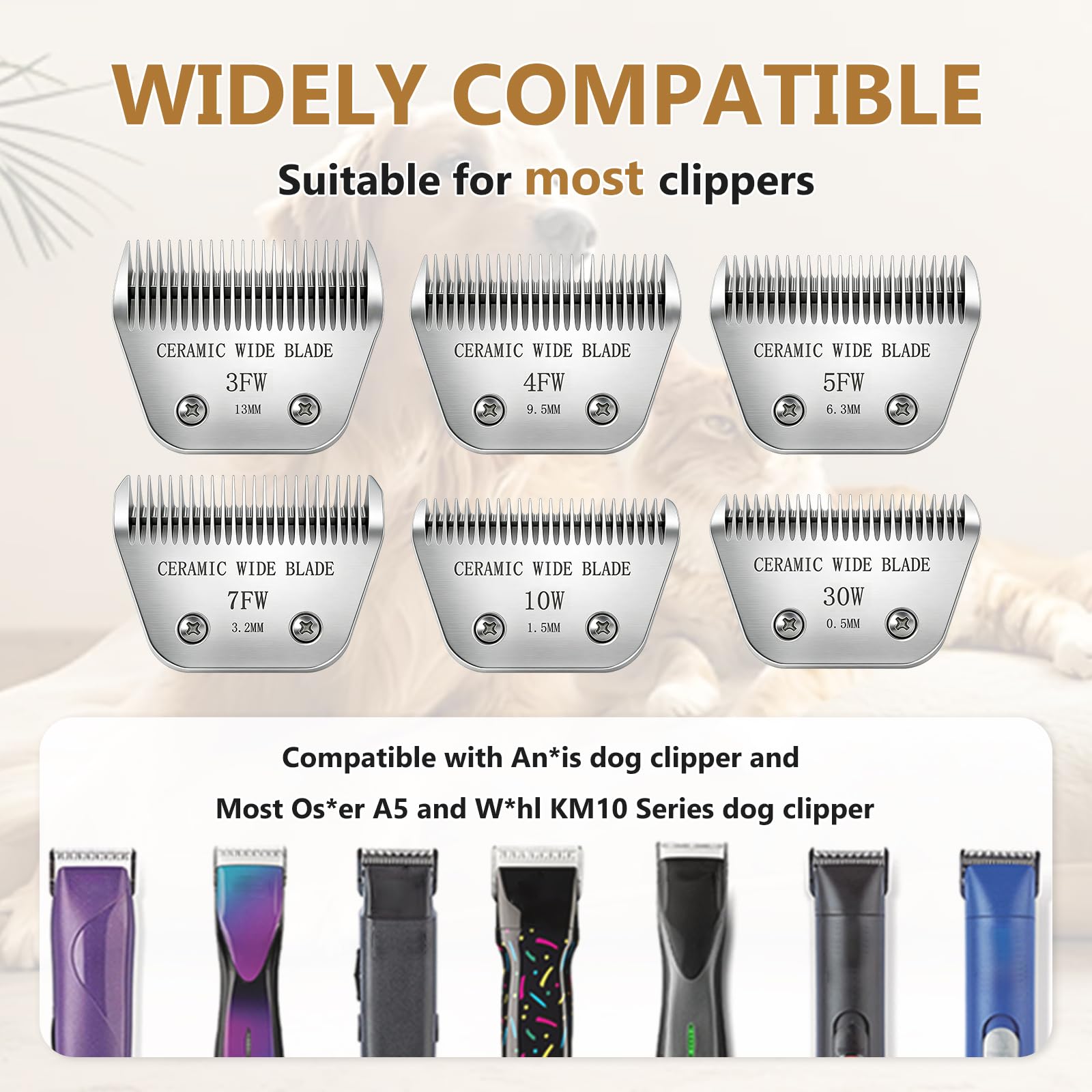 Cuchillas anchas de cerámica de precisión para el aseo de perros, compatibles con Andis, Oster A5, Wahl km10, cuchilla de repuesto para aseo de perros y gatos (10 W (1,5 mm)