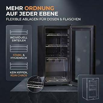 Sommertal Fridge with Glass Door GK50 50L - Quiet Drinks Fridge with RGB LED Touchscreen & Lock Small Bottle Refrigerator Black [Energy Class G]
