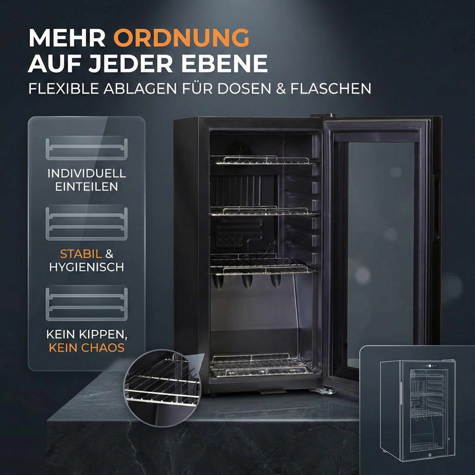 Sommertal GK50 Kühlschrank mit Glastür 50L Leiser Getränkekühlschrank RGB LED Touchscreen Schloss Schwarz