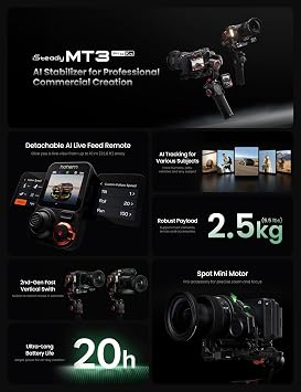 Hohem iSteady MT3 Pro Kit 3-Axis Gimbal Stabilizer for Camera, AI Tracker with Fill Light, for Mirrorless/Pocket/Action Camera/Smartphone, Detachable Touchscreen Control, for Canon/Nikon/Sony/Fujifilm