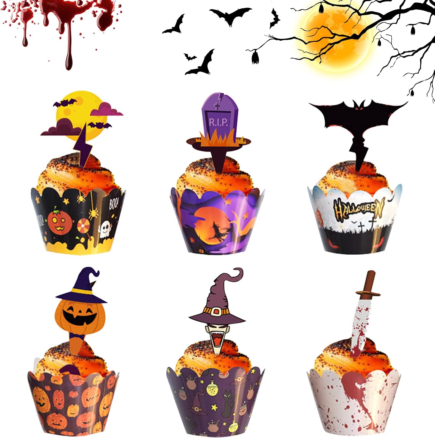 Halloween Cake Toppers Decorations, Cake Paper Cups, Cupcake Decoration Wrapper Cases, 48 Pieces Halloween Cupcake Decorations Set, Used for Halloween baking, birthday parties, ghost festivals
