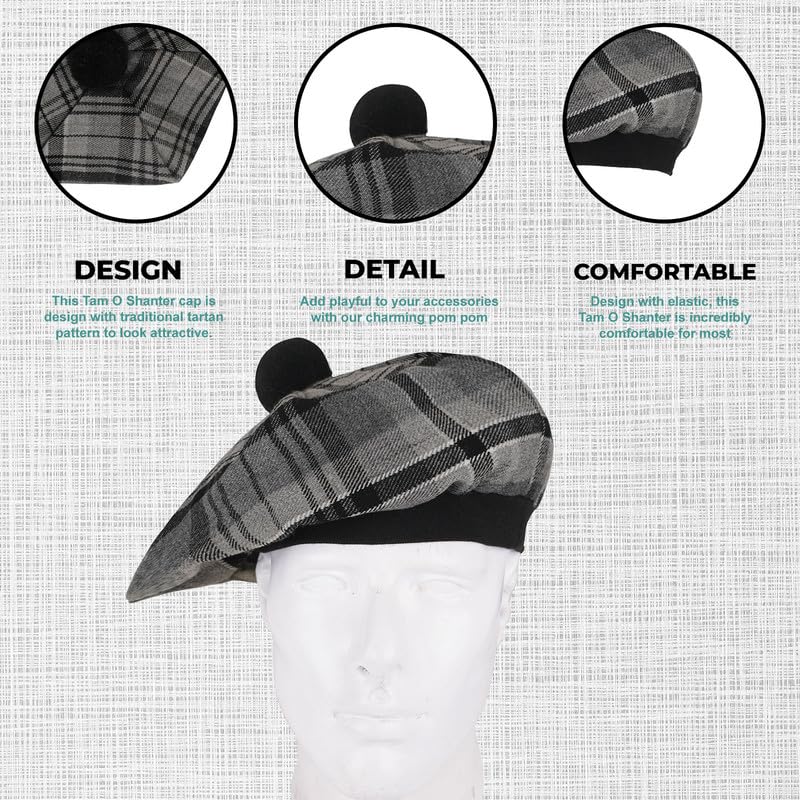 Image of Scottish Tam O' Shanter Hat Tartan Bonnet Pom Pom Wool Flat Cap One Size
