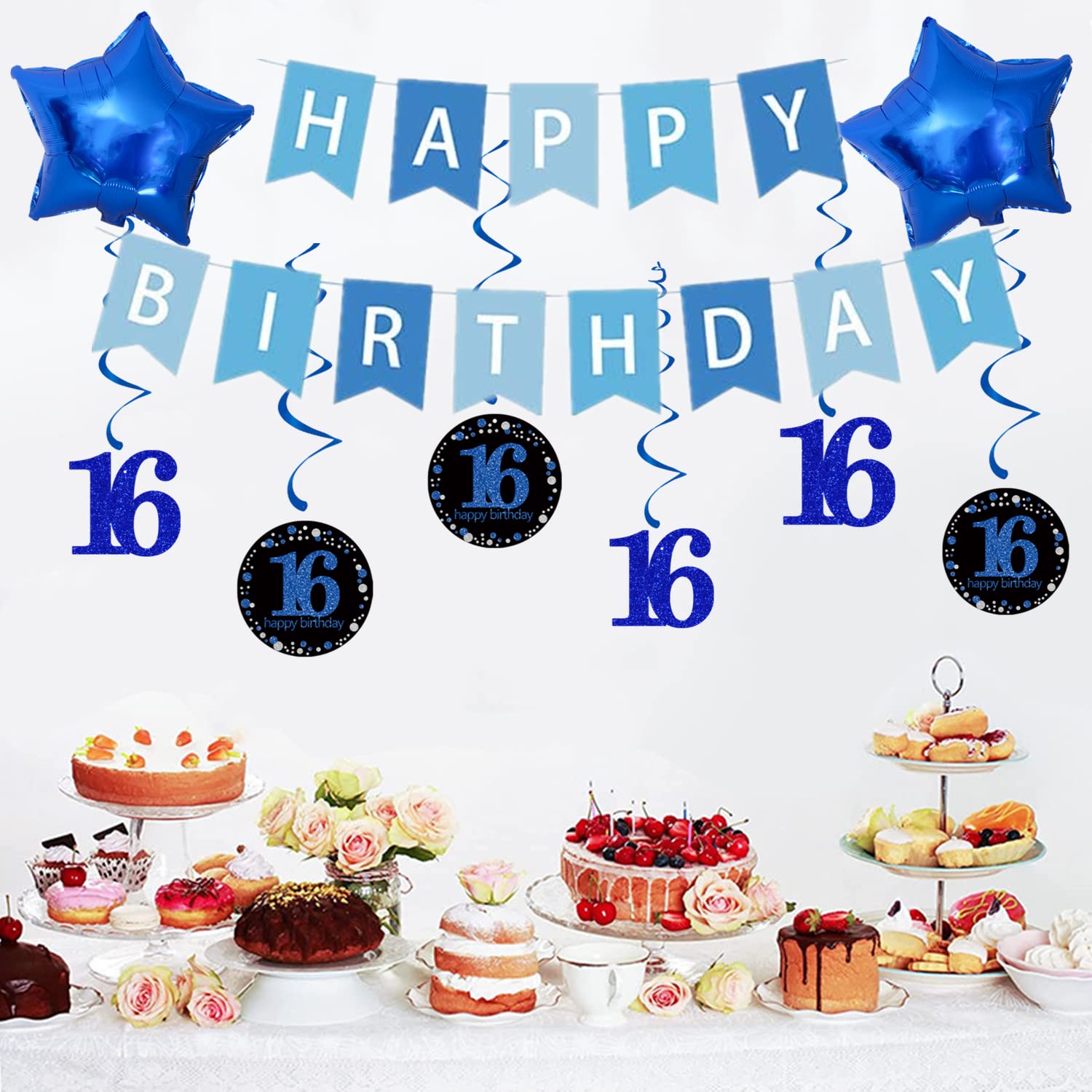 Decorazioni per il 16° compleanno per ragazzi, blu, palloncini per 16° compleanno con decorazioni a spirale, banner di buon compleanno e palloncini in lamina a stella, coriandoli palloncini in lattice