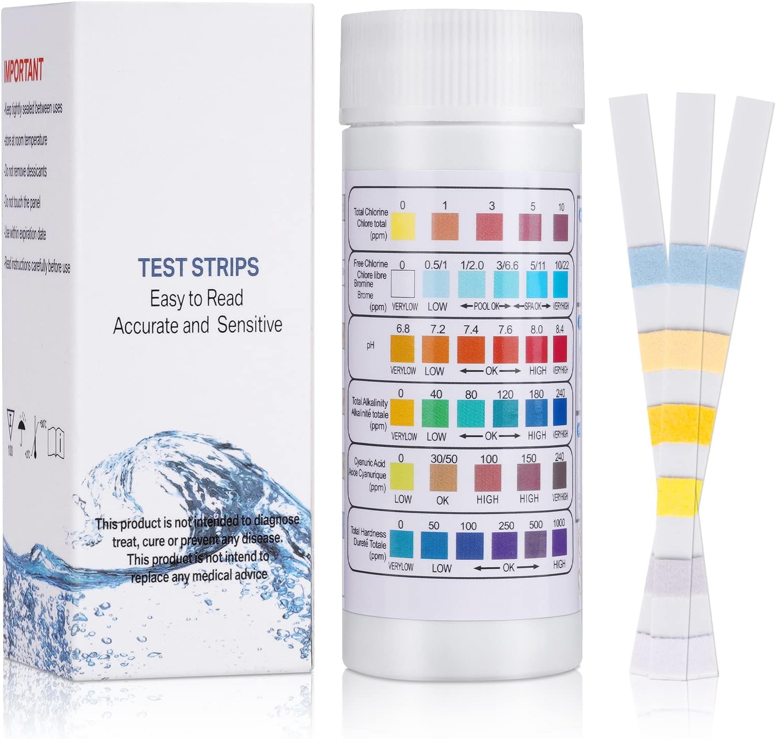 6 IN 1 Pool Test Strips, 100Pcs Hot Tub PH Test Strips, Water Quality Testing Strips for Swimming Pool & Spa Test, Quick Detect for PH, Total Chlorine, Free Chlorine, Total Alkalinity, Cyanuric Acid