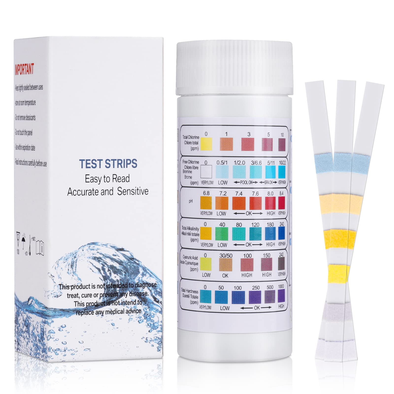 6 IN 1 Pool Test Strips, 100Pcs Hot Tub PH Test Strips, Water Quality Testing Strips for Swimming Pool & Spa Test, Quick Detect for PH, Total Chlorine, Free Chlorine, Total Alkalinity, Cyanuric Acid