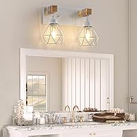 Vista 2 de Juego de 2 luces de tocador estilo granja para baño, accesorios de iluminación de madera blanca sobre espejo, apliques rústicos de pared