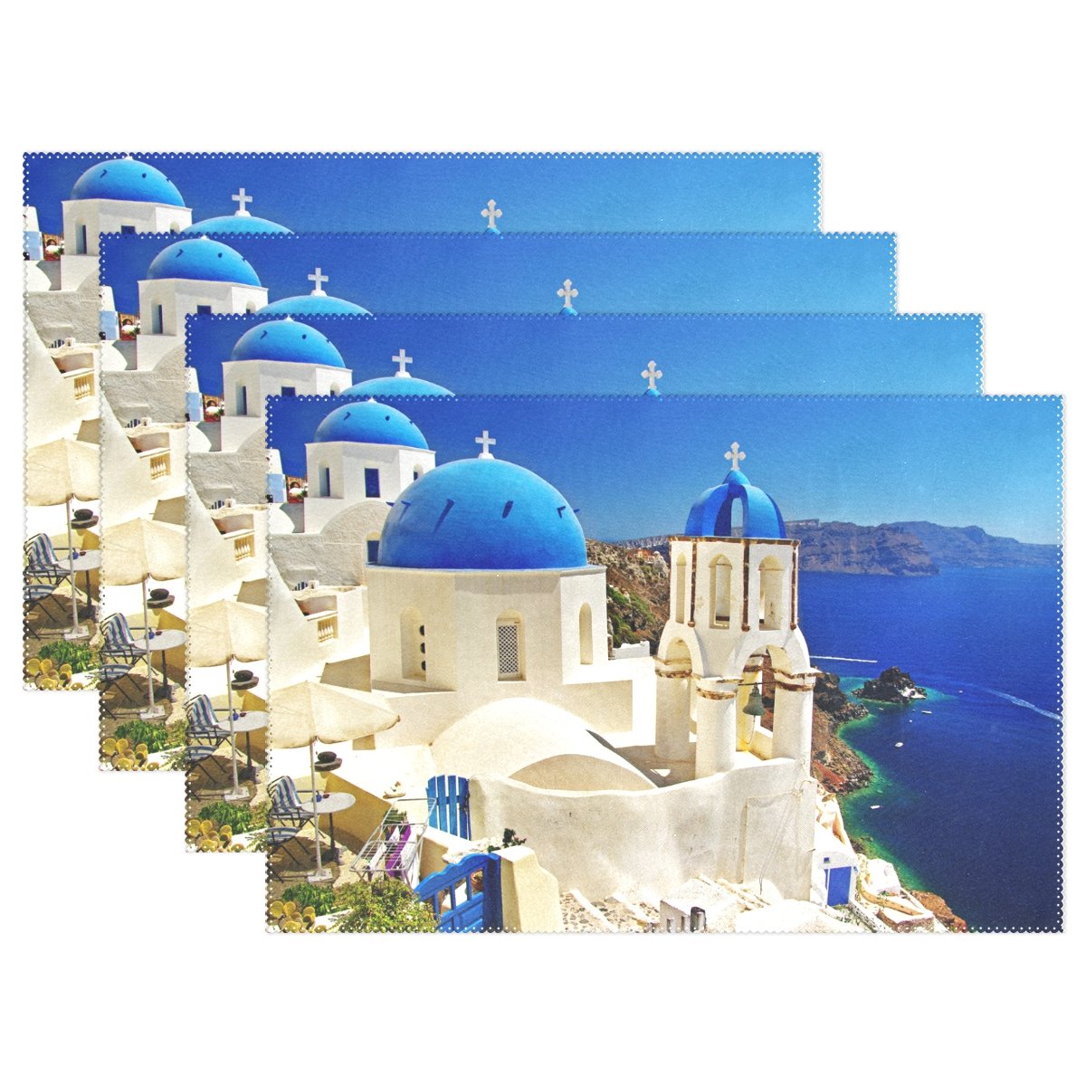 LIANCHENYISantorini Greece Landscape Heat-resistant Placemats, Polyester Tablemat Place Mat for Kitchen Dining Room Set of 4