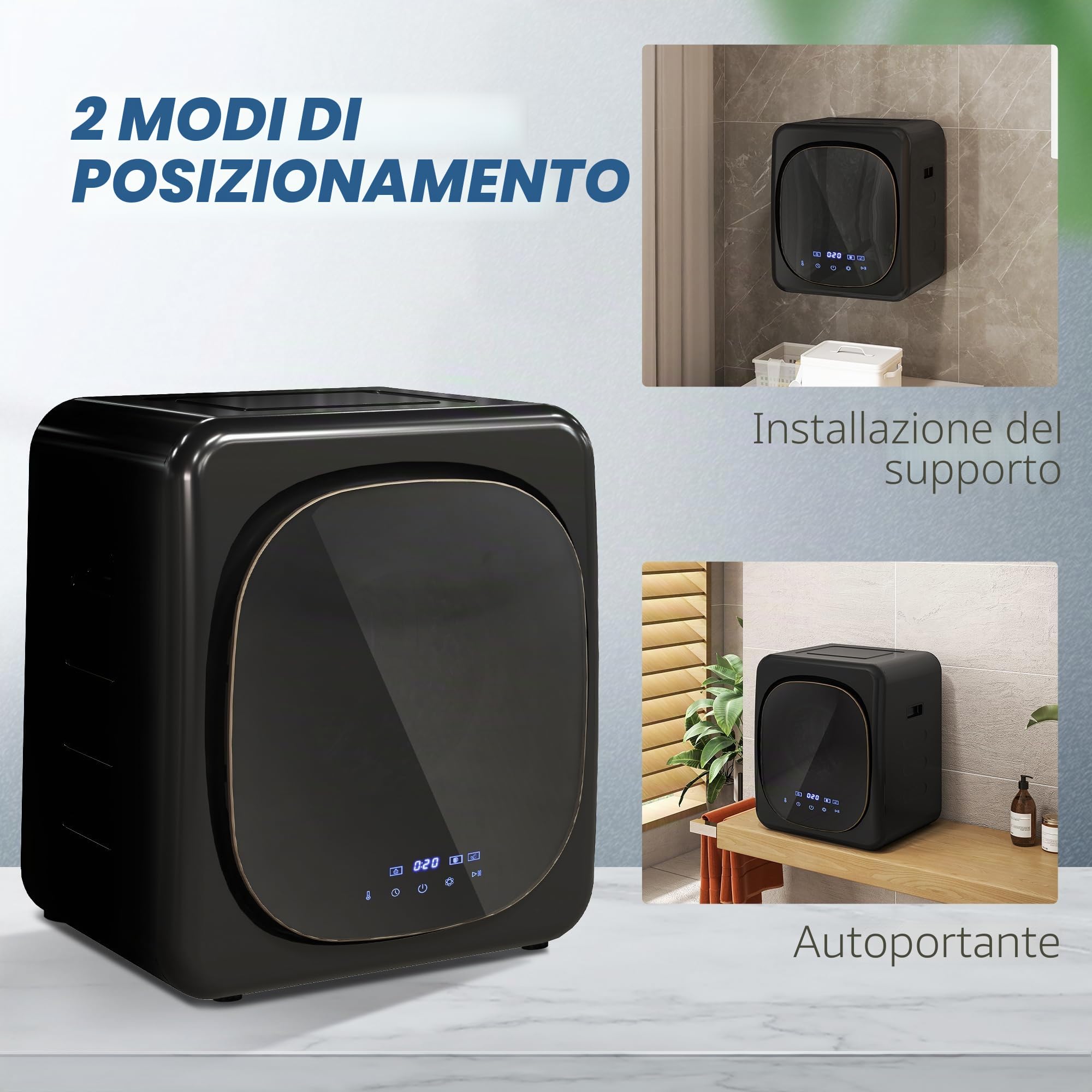 HOMCOM Mini asciugatrice con 6 programmi touch screen LED, 4 kg, fino a 60 °C, 800 W, autoportante, montaggio a parete, con protezione contro il surriscaldamento, asciugatrice per vestiti, nero