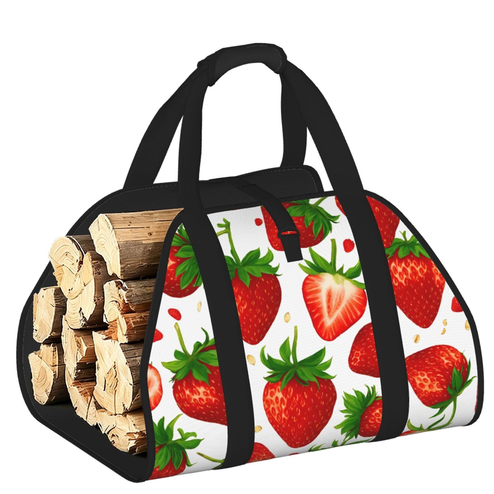 Pphgut Black Strawberry Print Firewood Bag Wood Carrier Transport Sack Camping Picnic Storage Daily Home