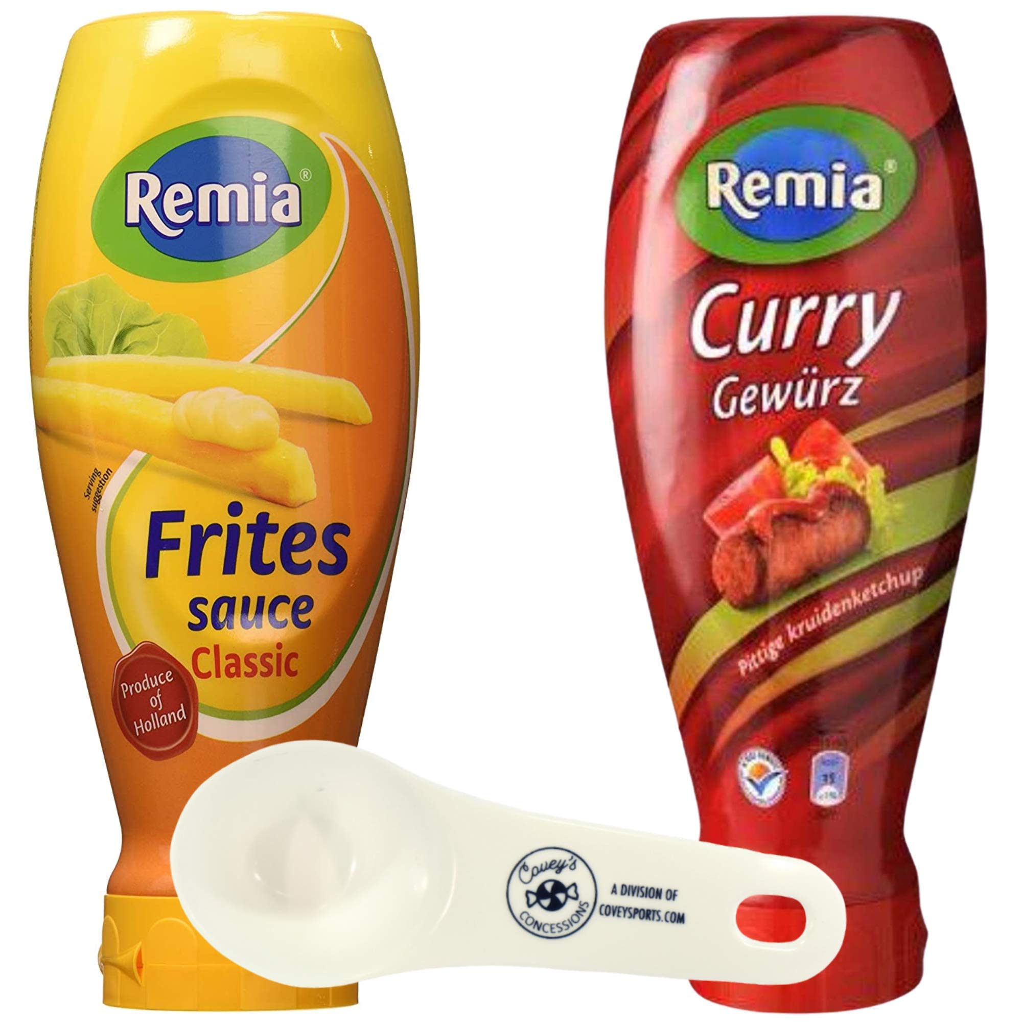 Remia Curry Ketchup and Frites (Fritessaus) Sauce (Curry/Frites, 2-Pack), Dutch Holland Imported 16.9 oz Bottles, Bundled with Covey's Concessions Scoop