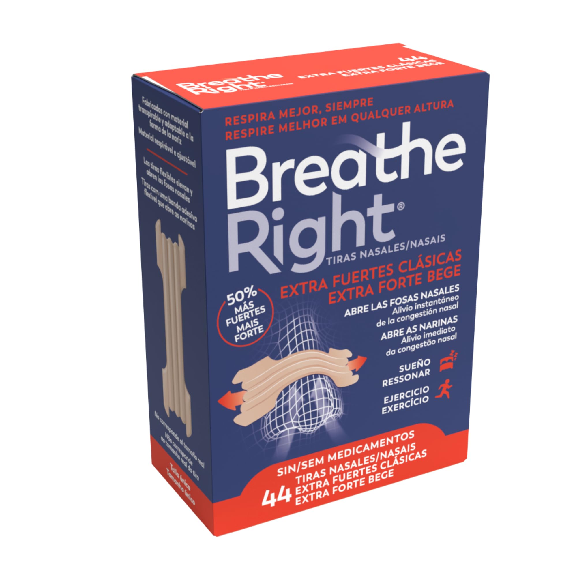Breathe Right Extra Fuertes - 44 Tiras Nasales | 50% Más Resistentes | Alivio Instantáneo de la Congestión Nasal y Ronquidos | Mejora la Respiración y el Sueño | Ideales para Deporte