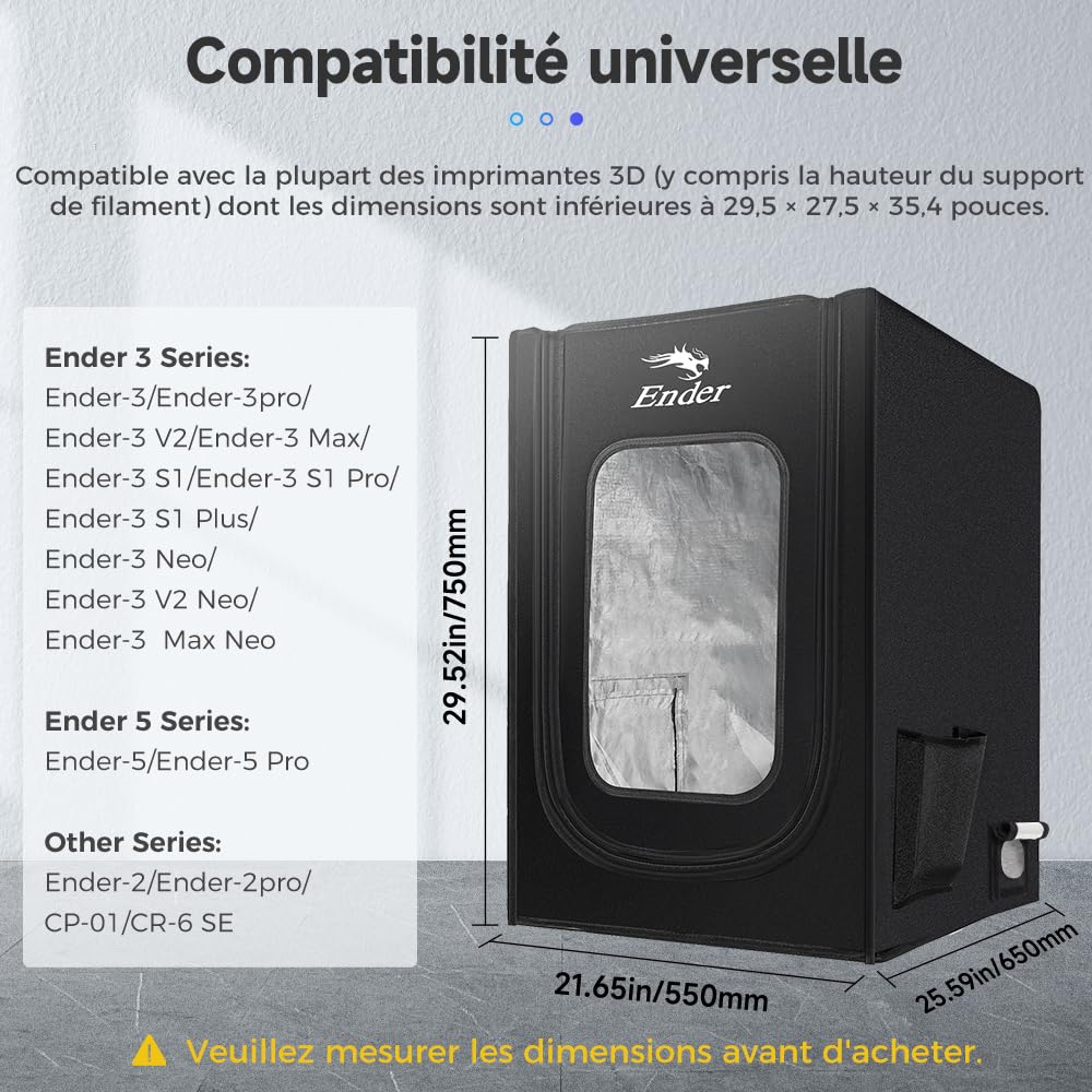 Creality Boîtier d'imprimante 3D avec interface de ventilation (kit d'échappement non inclus), Housse de protection pour Ender 3/3 Pro/3 V2/3 V3 SE/3V3 KE/3V2 Neo/5 Pro/CR10 SE/K1 Max, 550x650x750 mm
