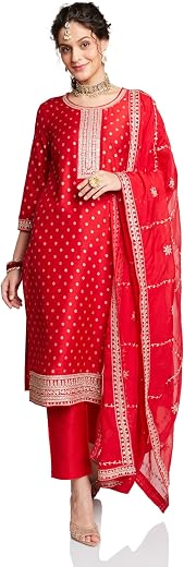 Amazon Brand - Myx Women's Embroidered Kurta Set with Designer Dupatta (Available in Plus Sizes) polyester blend