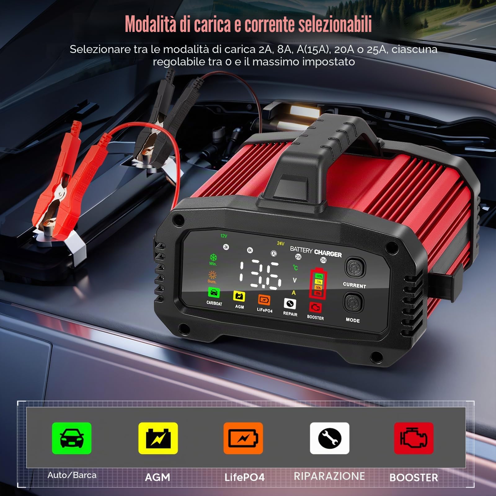 25A Caricabatteria da Auto, Caricabatterie per Auto LiFePO4 12V 24V, Caricabatteria portatile, Intelligente Schermo LED Caricabatteria per Auto Moto Camion, AGM, Gel, SLA