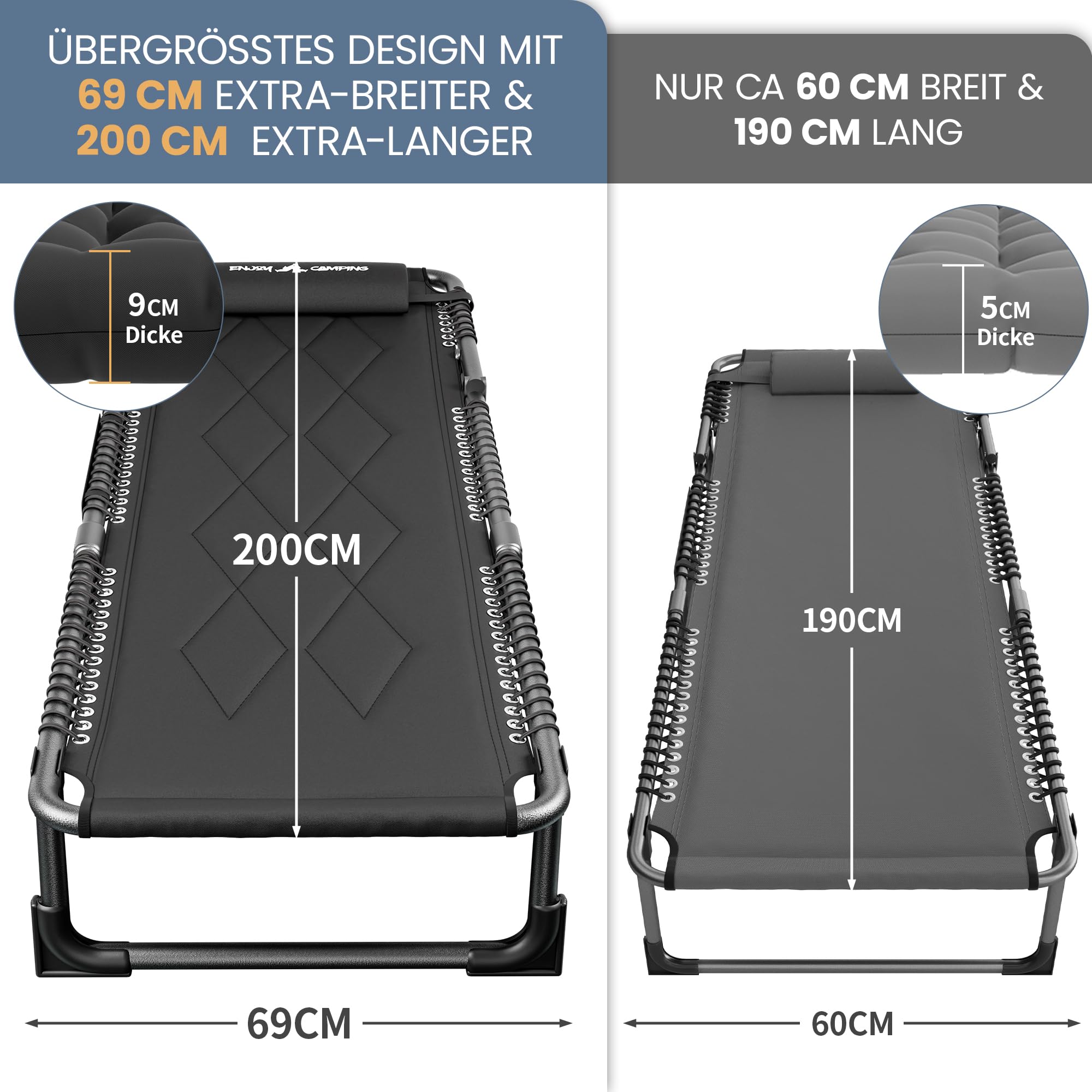 UDPATIO Camping Betten Feldbetten Klappbar, Liegestuhl Mit Auflage Polster, Gartenliege mit Verstellbarer Rückenlehne, Strandliege Campingliege für Outdoor Camping Schwarz