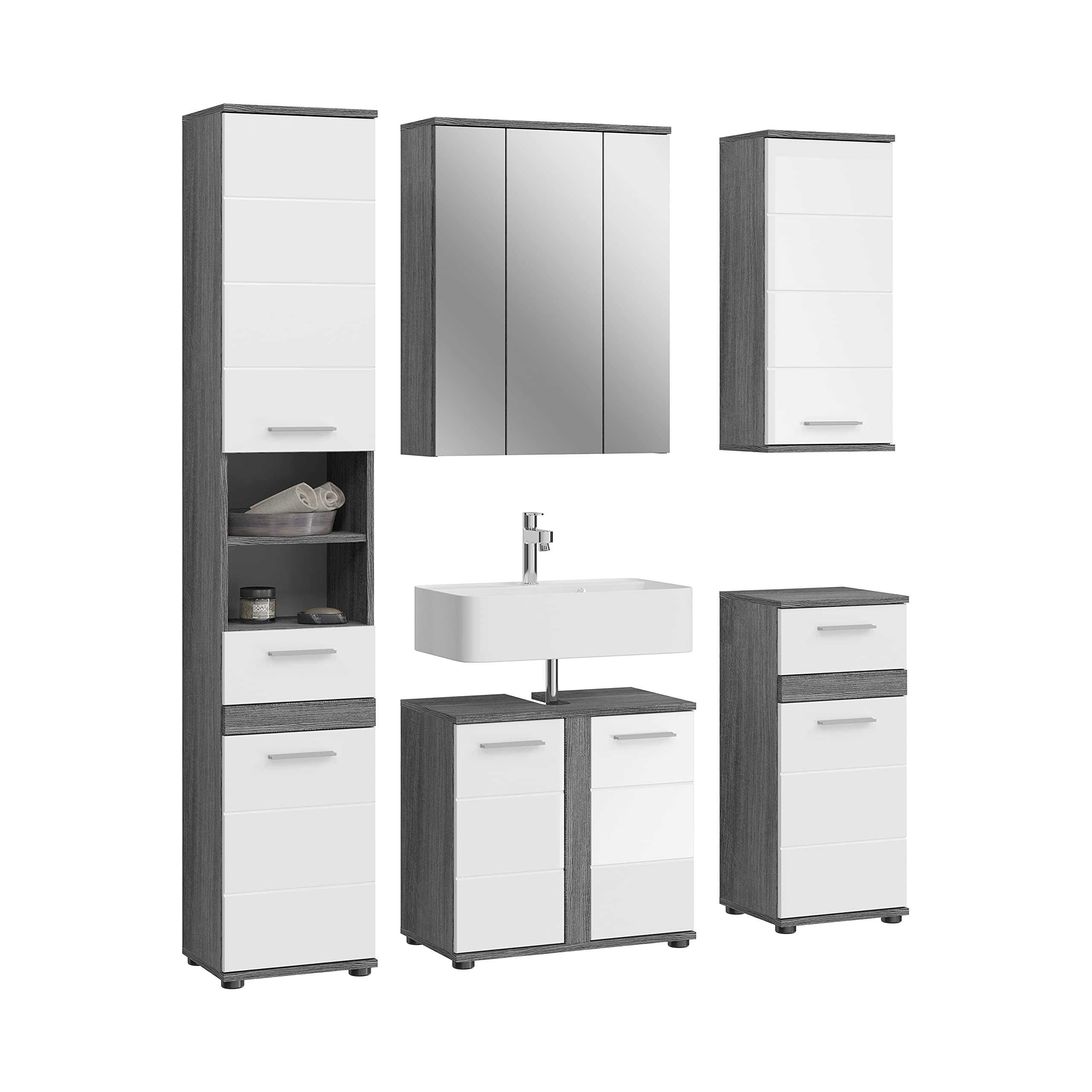 xonox.home Badezimmer Blake 5tlg. Kombination Badmöbel Set Set für kleine Bäder Komplettprogramm Badezimmer Bademöbel-Set in weiß Hochglanz, rauchsilber Nachbildung