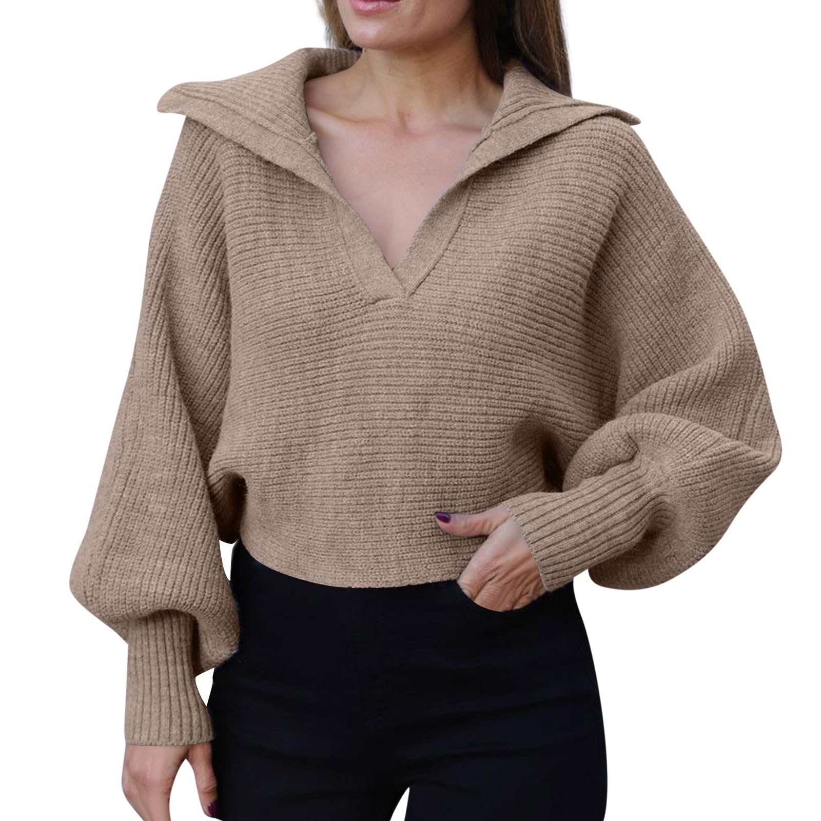 V Neck Cropped Sweaters for Women Long Sleeve Oversized Crop Sweater Pullover Casual Drop Shoulder Cute Knit Top