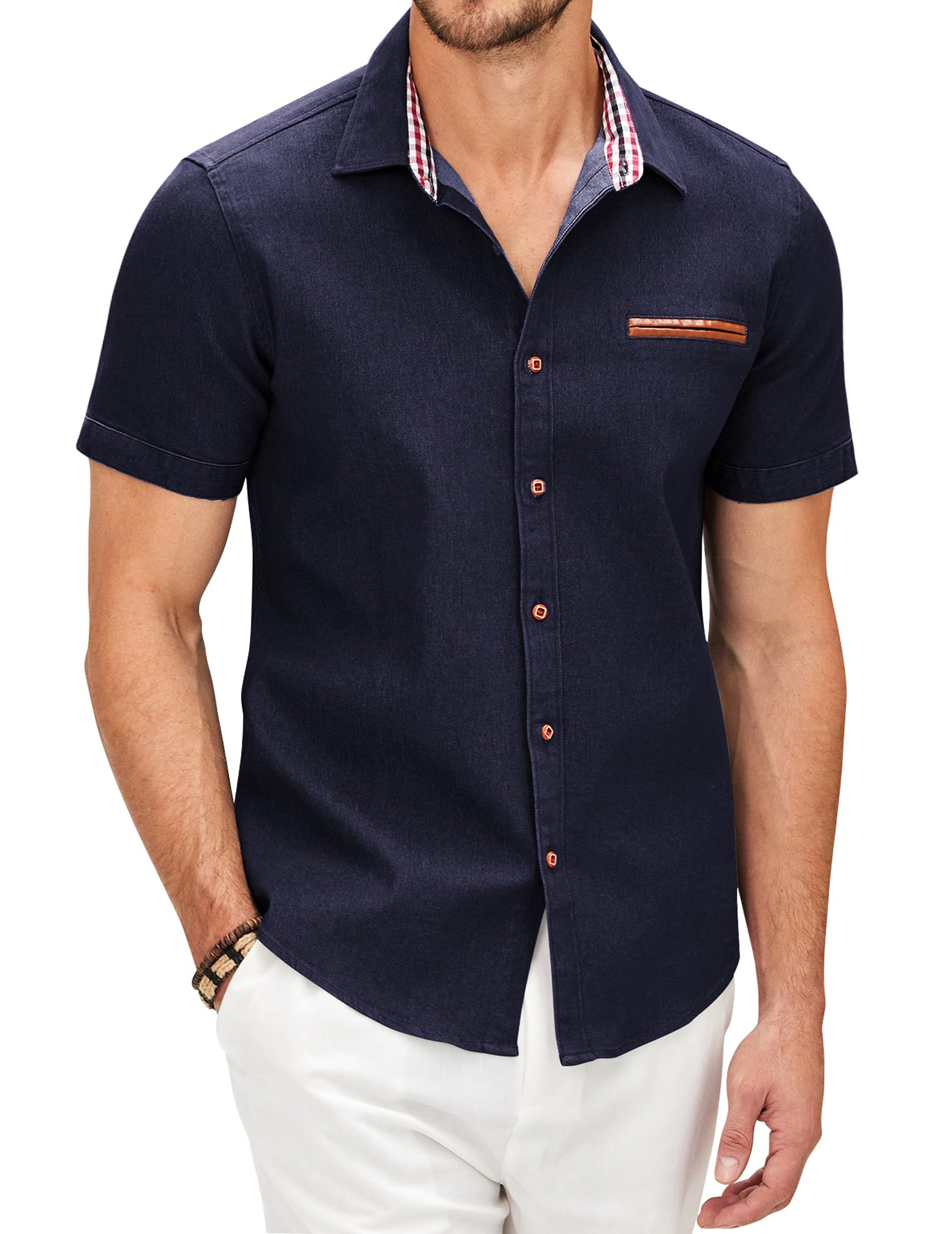 COOFANDY Camicia Jeans Uomo Maniche Corte - Denim A Quadri Slim Fit Blu Navy (XL)