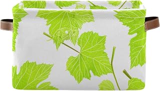 Kigai Green Grape Leaves Storage Bins for Shelves, Storage Basket with Double Handle, Foldable Cubes with Metal Frame, Rectangular Closet Organizer Containers for Home Bedroom