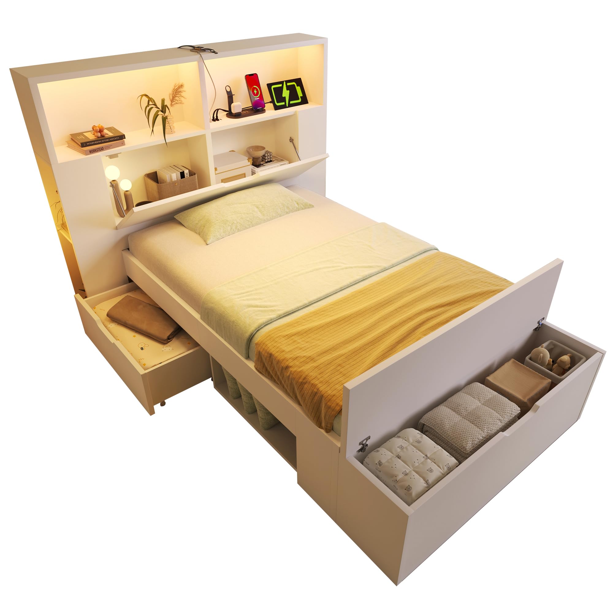 Gecheer Letto Singolo con Contenitore, Struttura in Legno con Luci LED, Porte USB, Cassetti, Panca, Ripiani, Rete a Doghe, 90x200 cm, Bianco, per Cameretta Bambini e Ragazzi