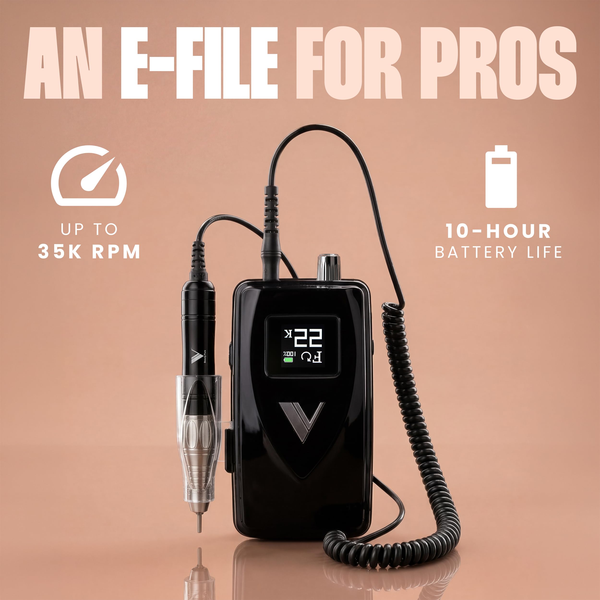 V Beauty Pure VUnit E-File - Trapano elettrico professionale ricaricabile per unghie, 35000 giri/min, motore brushless, durata della batteria 10 ore, trapano per unghie EFile senza fili per uso