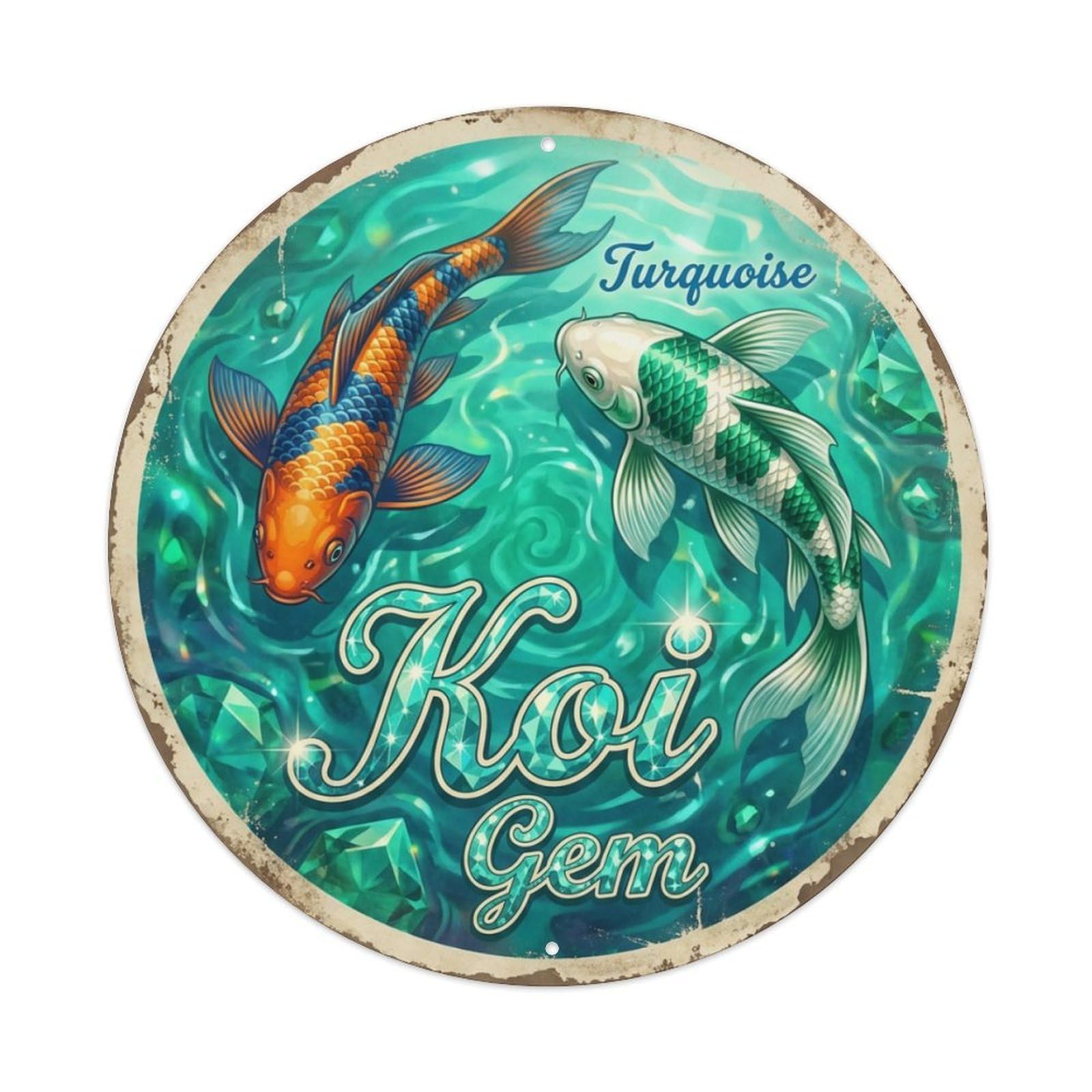 Koi Fish Turquoise Gem Waters Blue Green Bright Tropical Metal Tin Sign