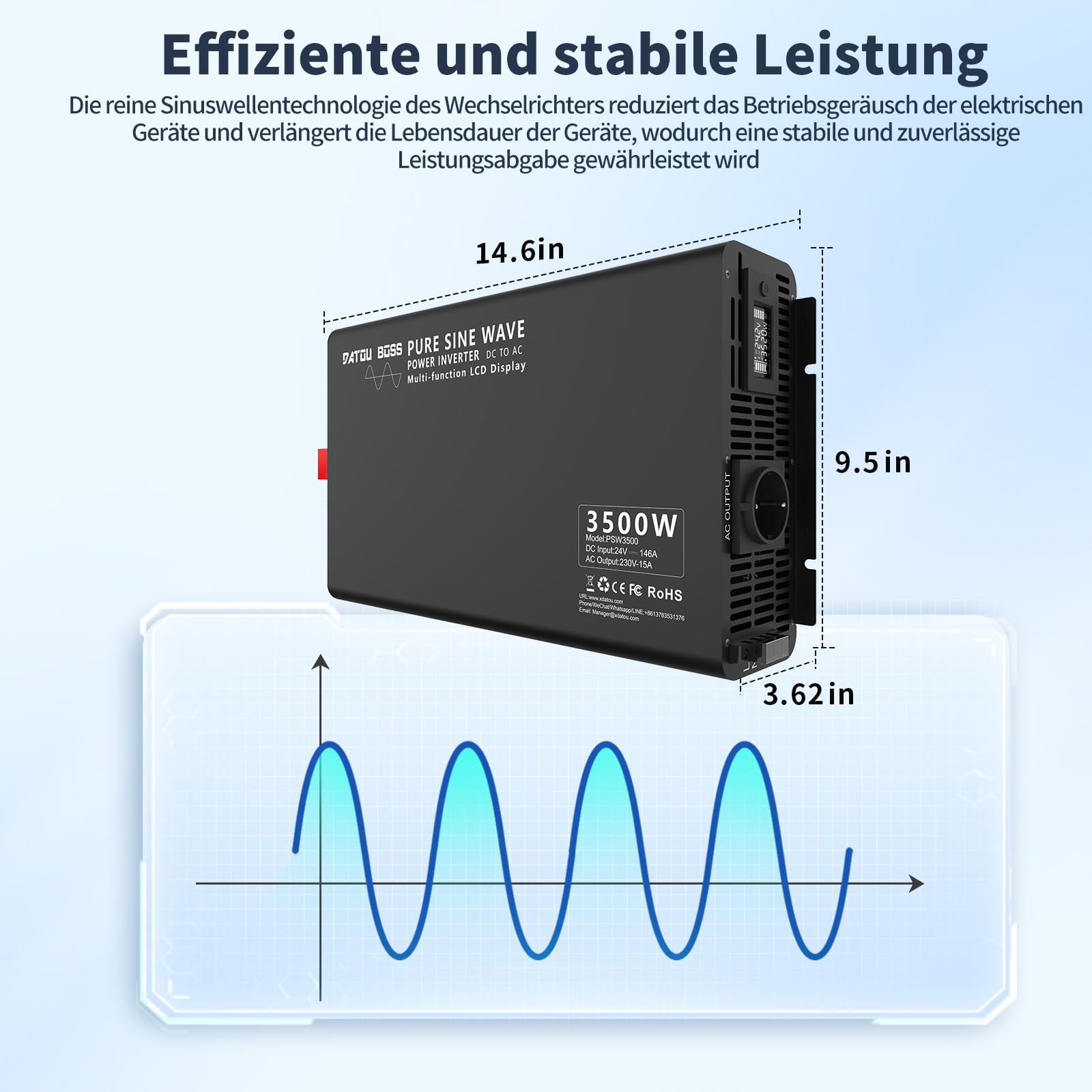 DATOUBOSS Convertisseur 24v 220v Pur Sinus 3500W/7000W Onduleur, 1 Prise EU, Écran LCD, Télécommande sans Fil – Convertisseur pour Voiture, Camion, Camping-Car, Urgence