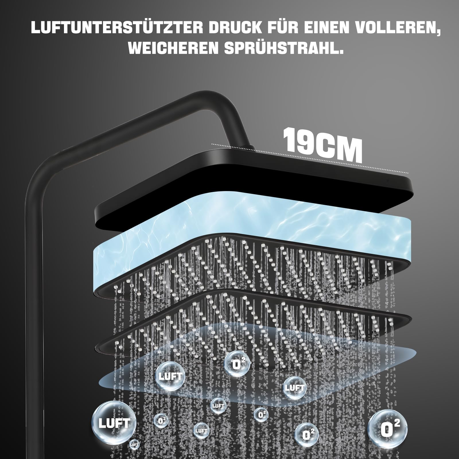 Duschsystem, 4 Strahlarten, Regendusche, Handbrause, Duscharmatur, Wasserhahn, Duschset mit LED-Digitalanzeige, höhenverstellbar, Edelstahl, schwarz