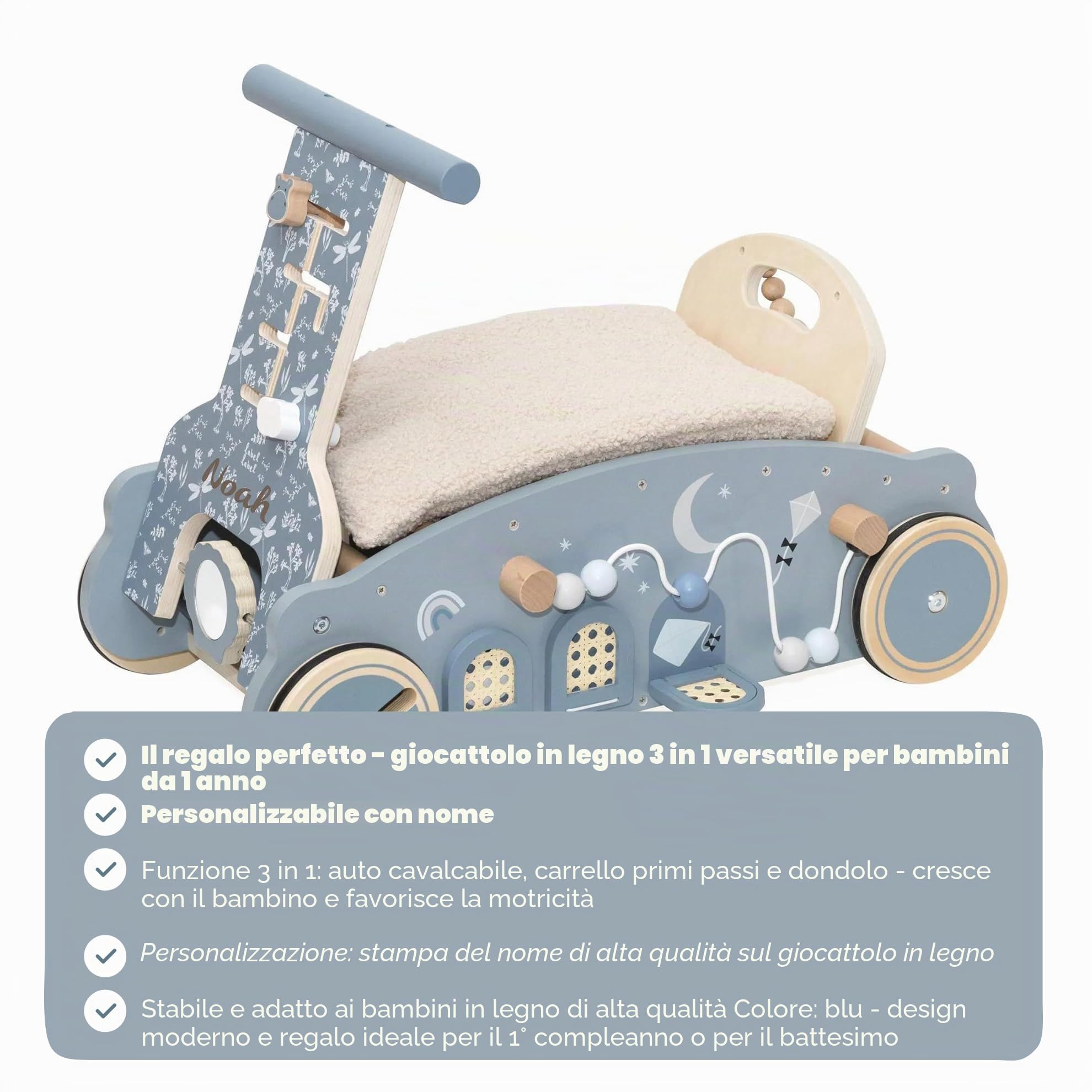 Personalizzabile cavalcabile 3 in 1, Auto a Dondolo Blu – evolutivo e Antiscivolo – per Bambini dai 2 Anni in su – Personalizzato con Il Nome – Label Label