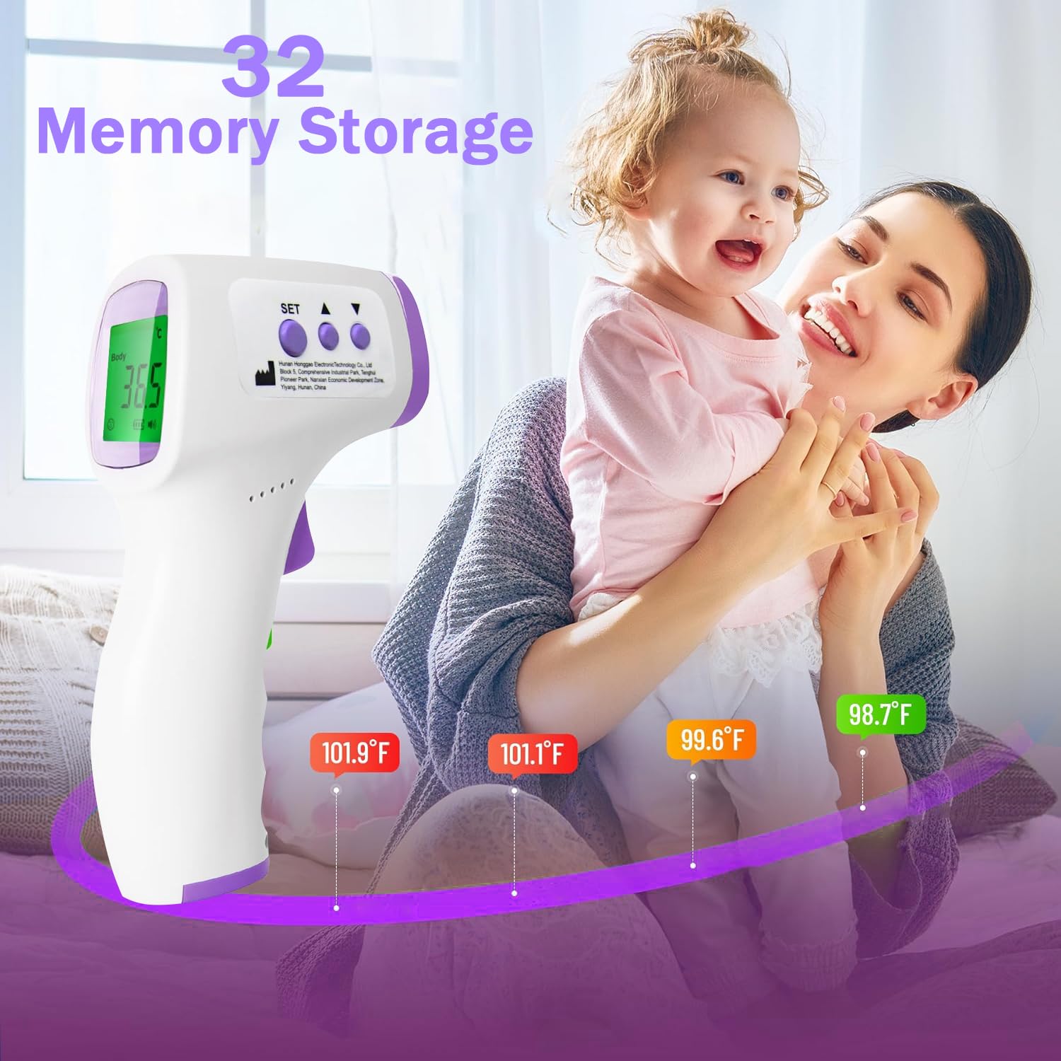 Thermomètre Frontal Sans Contact, Thermomètre Frontal Adulte et Bebe avec Lecture Instantanée 1s, Thermometre Numérique 32 Mémoire, Alarme de Fièvre, Rapides et Précises