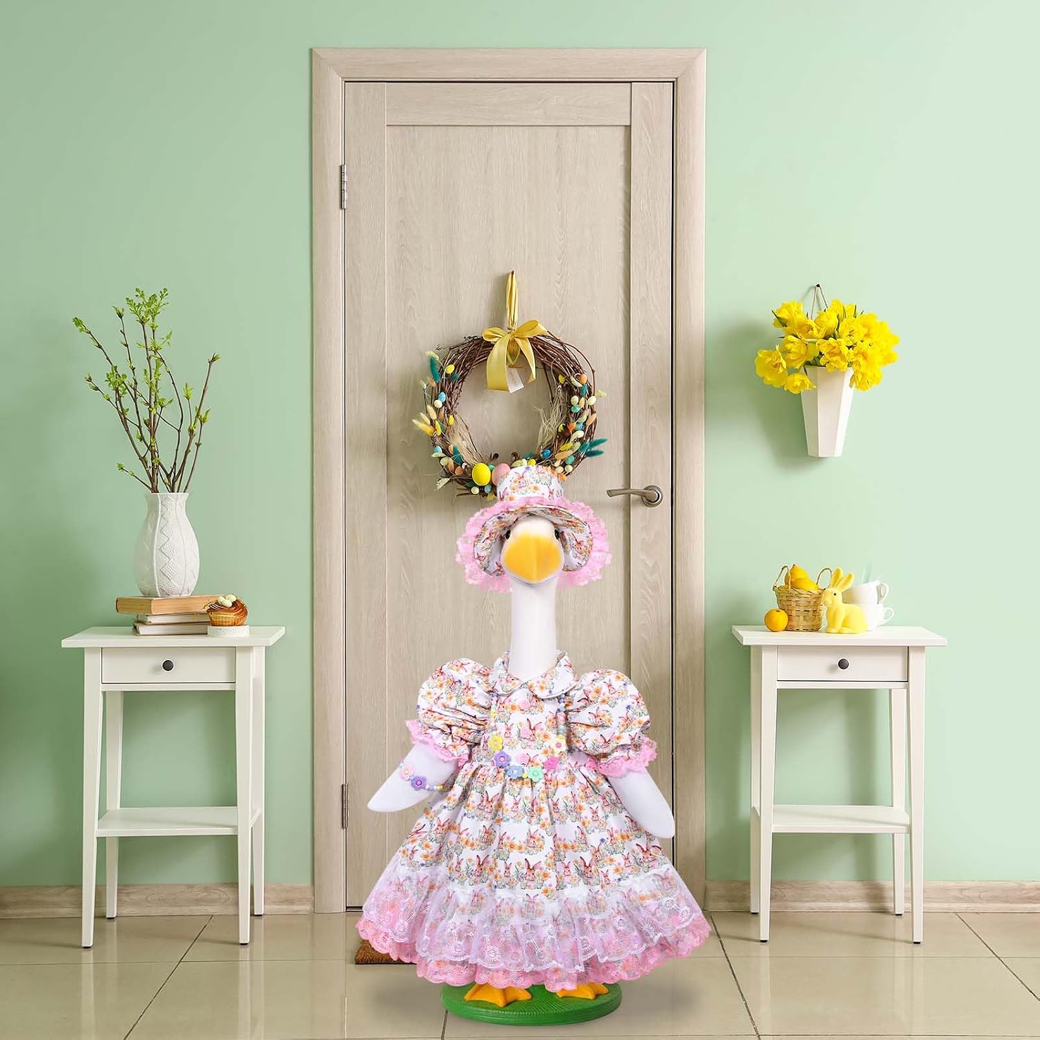 JcHrmers Easter Bunny Goose Outfit Rabbit Porch Goose Outfit Fits 23" Plastic Cement Goose Statue Spring Lolita Goose Clothes for Easter Outdoor Lawn Yard Garden Patio Holiday Decor (Floral)