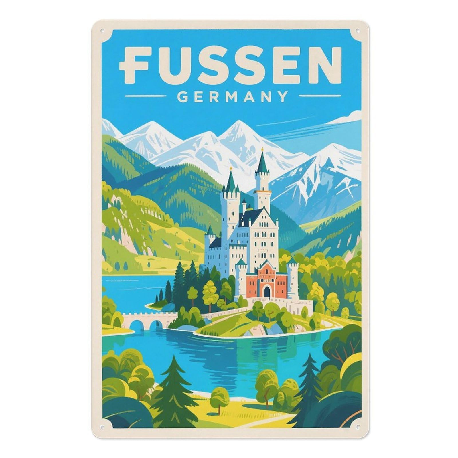 Fussen Germany Retro Design Tin Painting Vintage Tin Sign 08x12inch(20x30cm) Wall Art for Home Office Bedroom Living Room Cafes Wall Decor