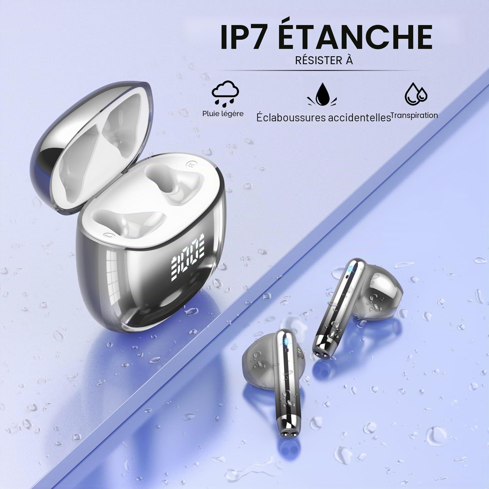 Ecouteurs Bluetooth Sans fil, Écouteurs Bluetooth 5.4, Oreillette Bluetooth HiFi Stéréo avec 4 ENC Mic, Casque Bluetooth Sans fil avec Écran LED, 40H, Étanche IP7 Écouteur, Contrôle Tactile, Noir