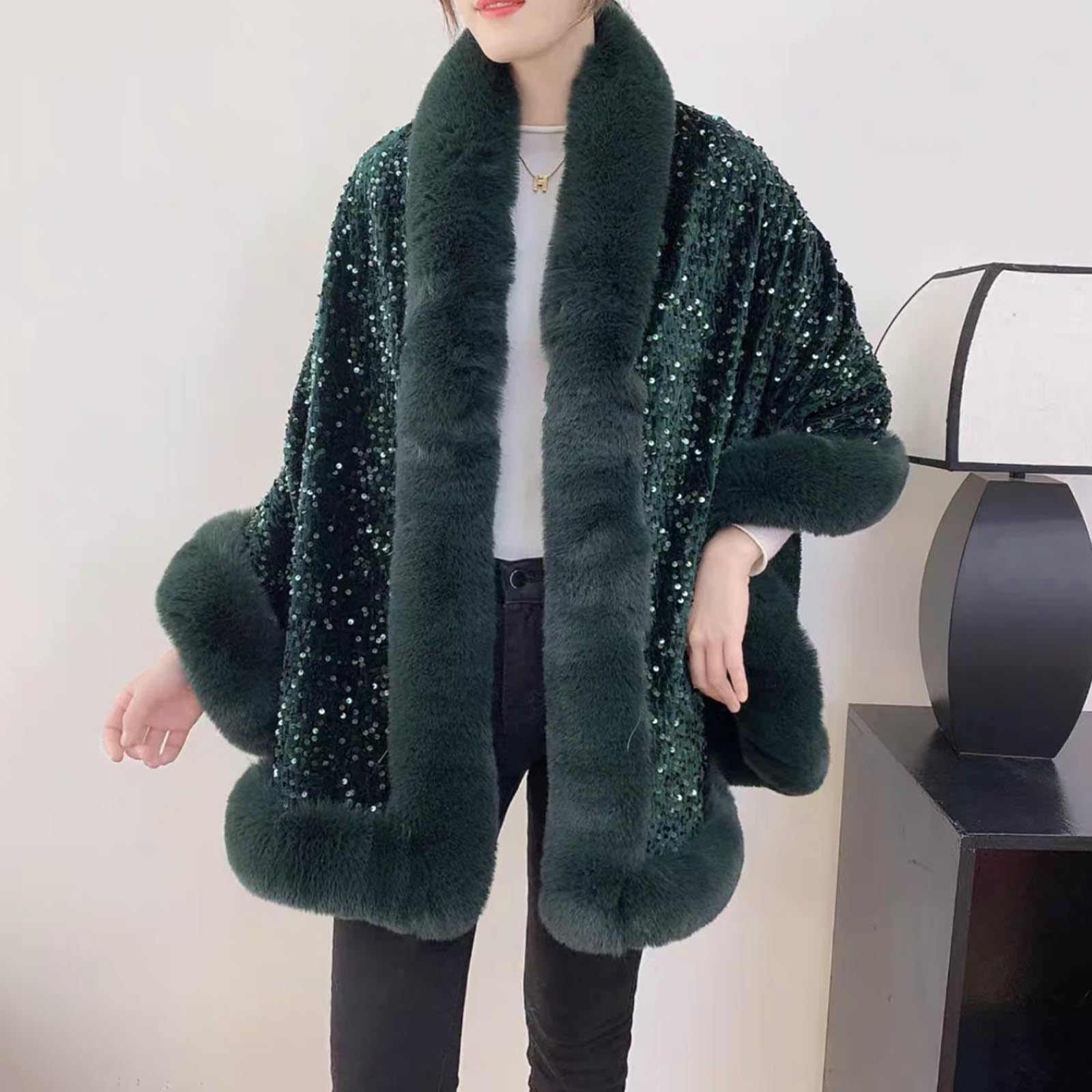 Générique Gilet Femme Chic Et Elegant Cardigan Décontracté Léger - Gilet Cape Châle À Sequins Tendance avec Faux Col Et Doublure Polaire Idéal pour l'hiver Et Les Vêtements D'Extérieur Élégants