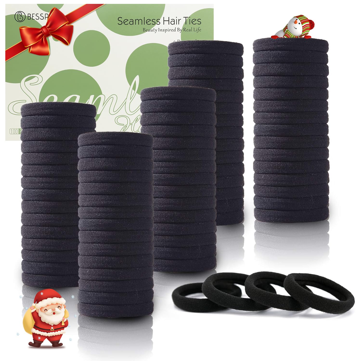 100PCS Black Hair Ties for Women Girls, Seamless Thick Black Hair Band, Elastic Hair Ties No Damage Ponytail Holder Christmas Gift