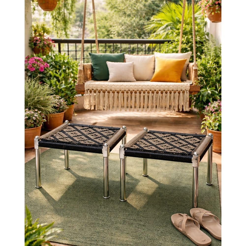 Venvintra Handwoven Rope Charpai Stool for Home and Outdoor Use with Metal Legs Traditional Low Height Seating for Living Room Balcony Patio and Multipurpose Daily Sitting Needs - Grey & Black