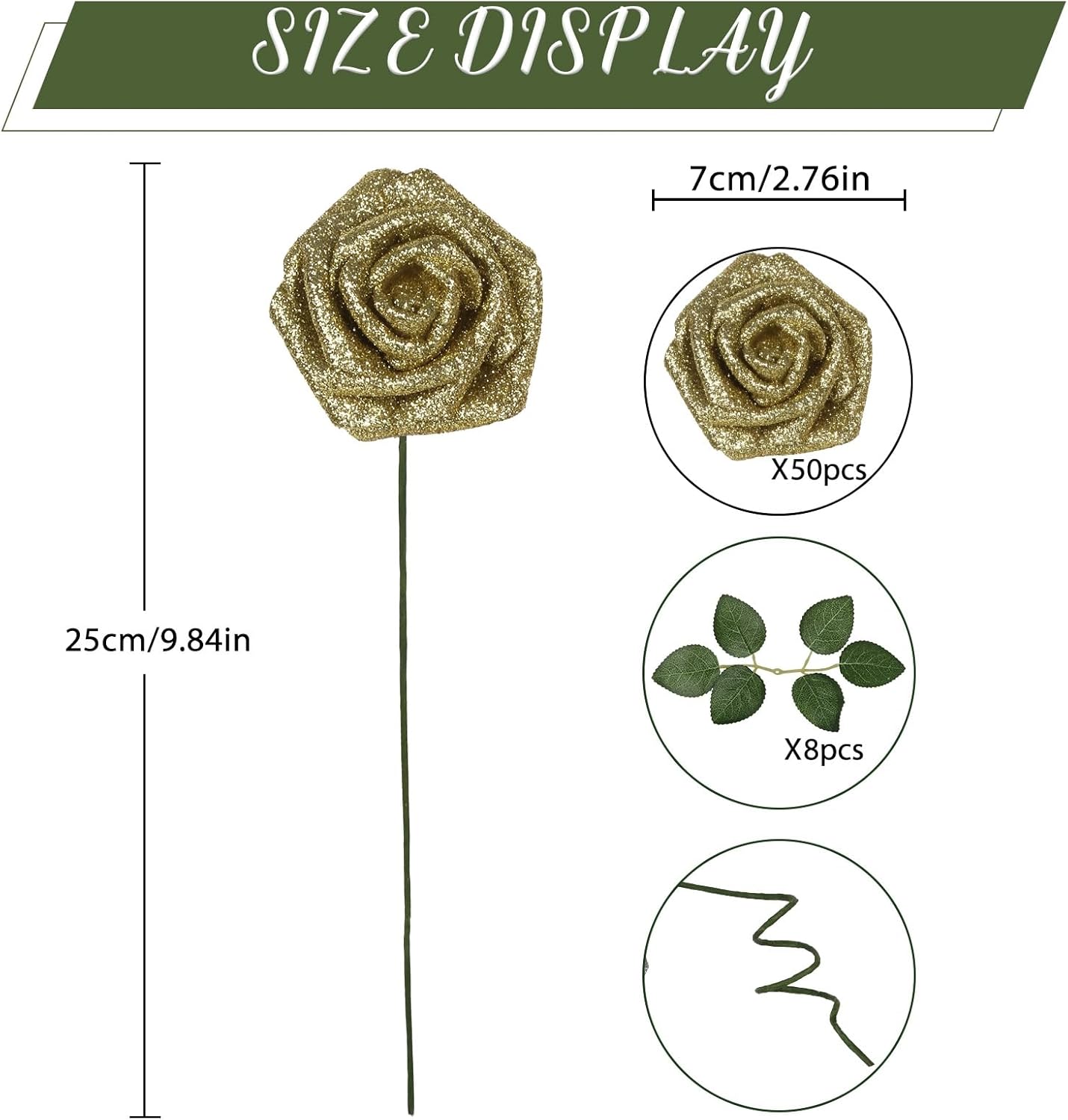 IPOPU 50PCS Gold Roses Artificial Flowers 2.76" Glitter Flowers Fake Roses with Stems for DIY Wedding Bouquet Anniversary Christmas Home Decor