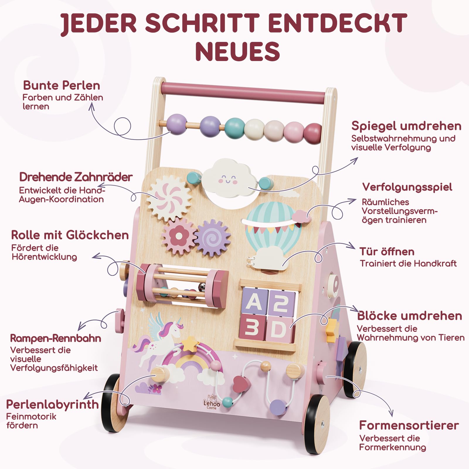 Lehoo Castle Lauflernwagen Holz mit Bremse, Einhorn Laufwagen ab 1 Jahr | Einstellbare Bremse, 10-in-1 Activity Center, Einfache Montage, Rosa Einhorn-Design, Geschenk 1 Jahr Mädchen