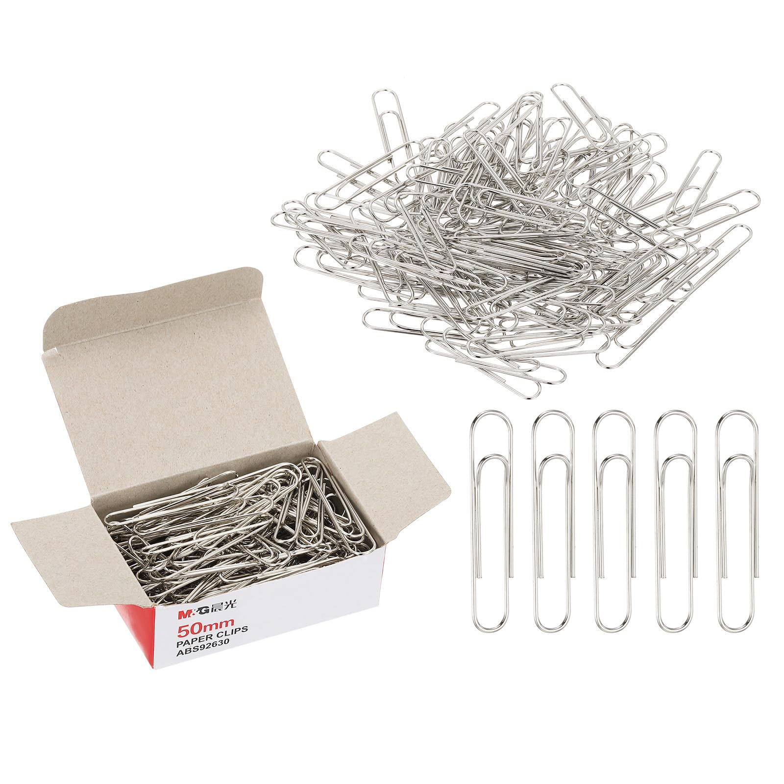 M&G 100pcs Paper Clip, 50mm Large Paper Clip Large Metal Clips Rust-Proof Strong Durable Bulk for Paper Office, 1 Pack Carton, Silver Tone