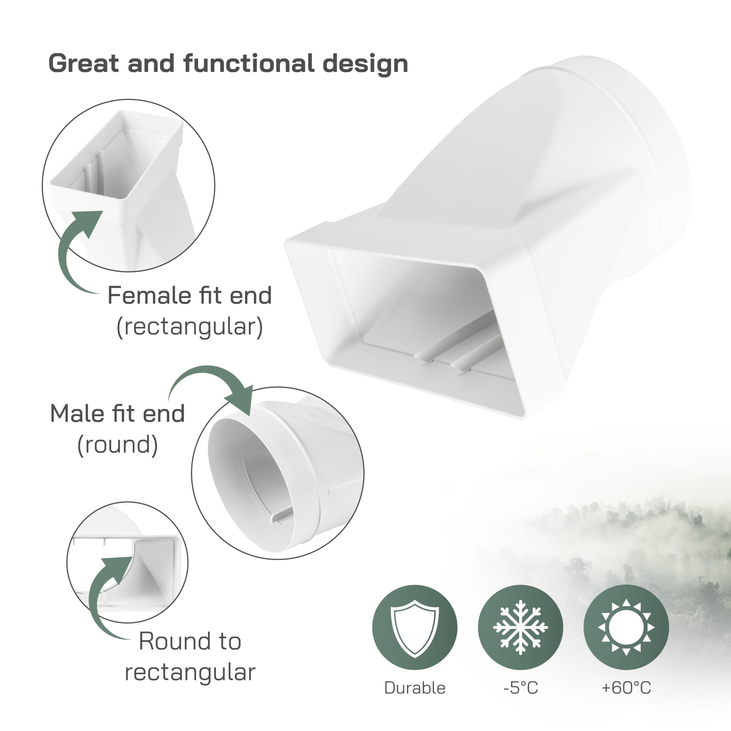 Vent Systems 220x90 mm en el conector de tubería rectangular de Ø150 mm para la conexión del tubo redondo. Sistema de ventilación, calefacción, enfriamiento - No apto para equipos de AC.