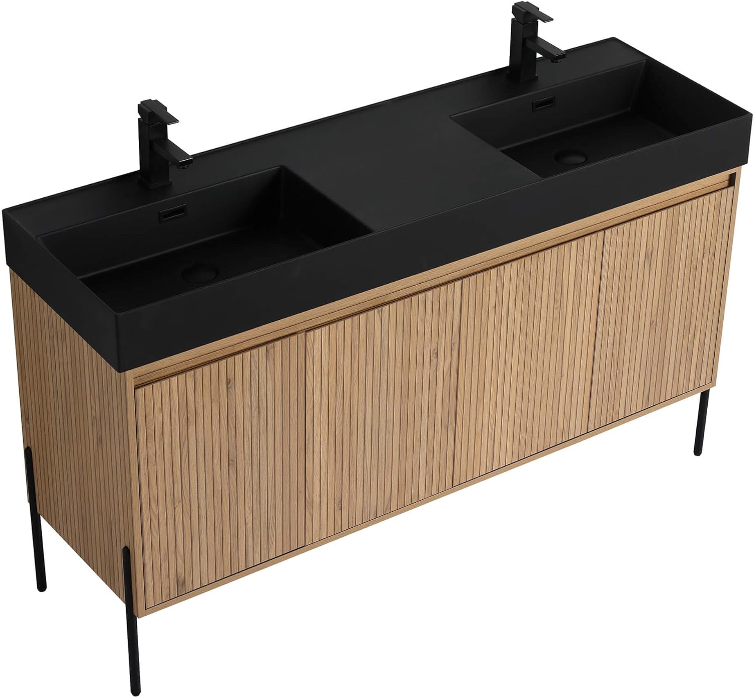 Fine Fixtures Crownpoint 60 Inch Bathroom Vanity with Sink, Black Double Sink, Bright Oak Finish, Full Assembly Required, Elegant Bathroom Vanities for Modern Homes